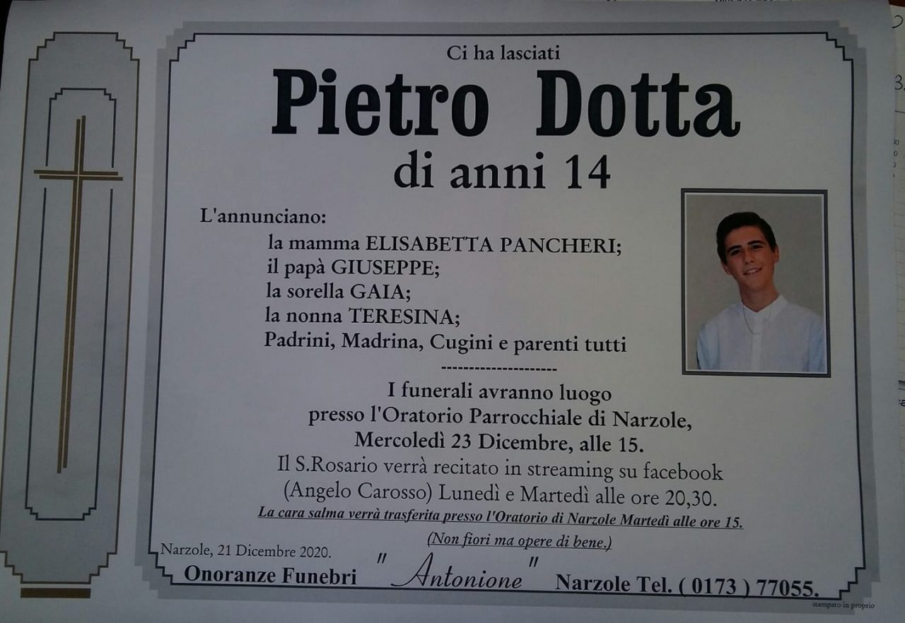 Le Langhe piangono il giovane Pietro, stroncato a 14 anni da un male improvviso