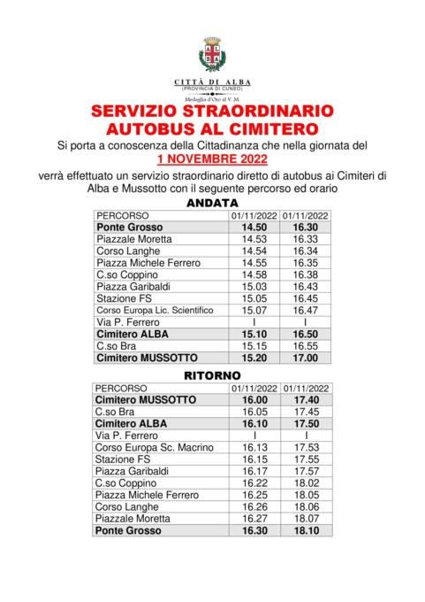 Alba, autobus straordinari per i cimiteri di via Ognissanti e Mussotto